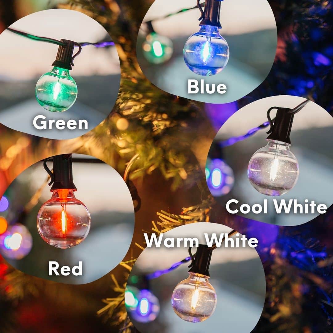 G40 multicolour Christmas bulb close-up on black classic cable