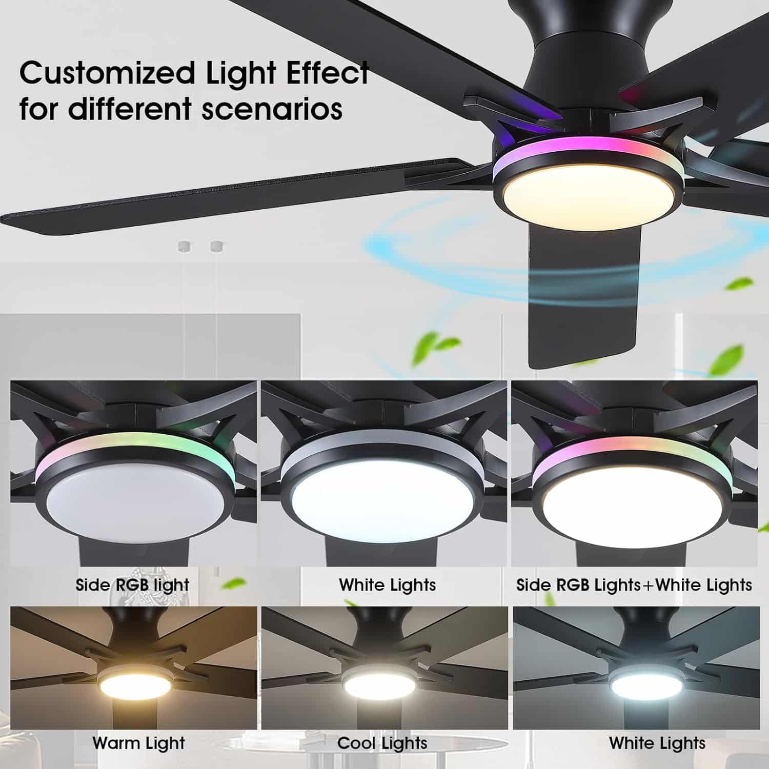 52 inch black wood smart LED ceiling fan with DC motor and tri colour lighting.