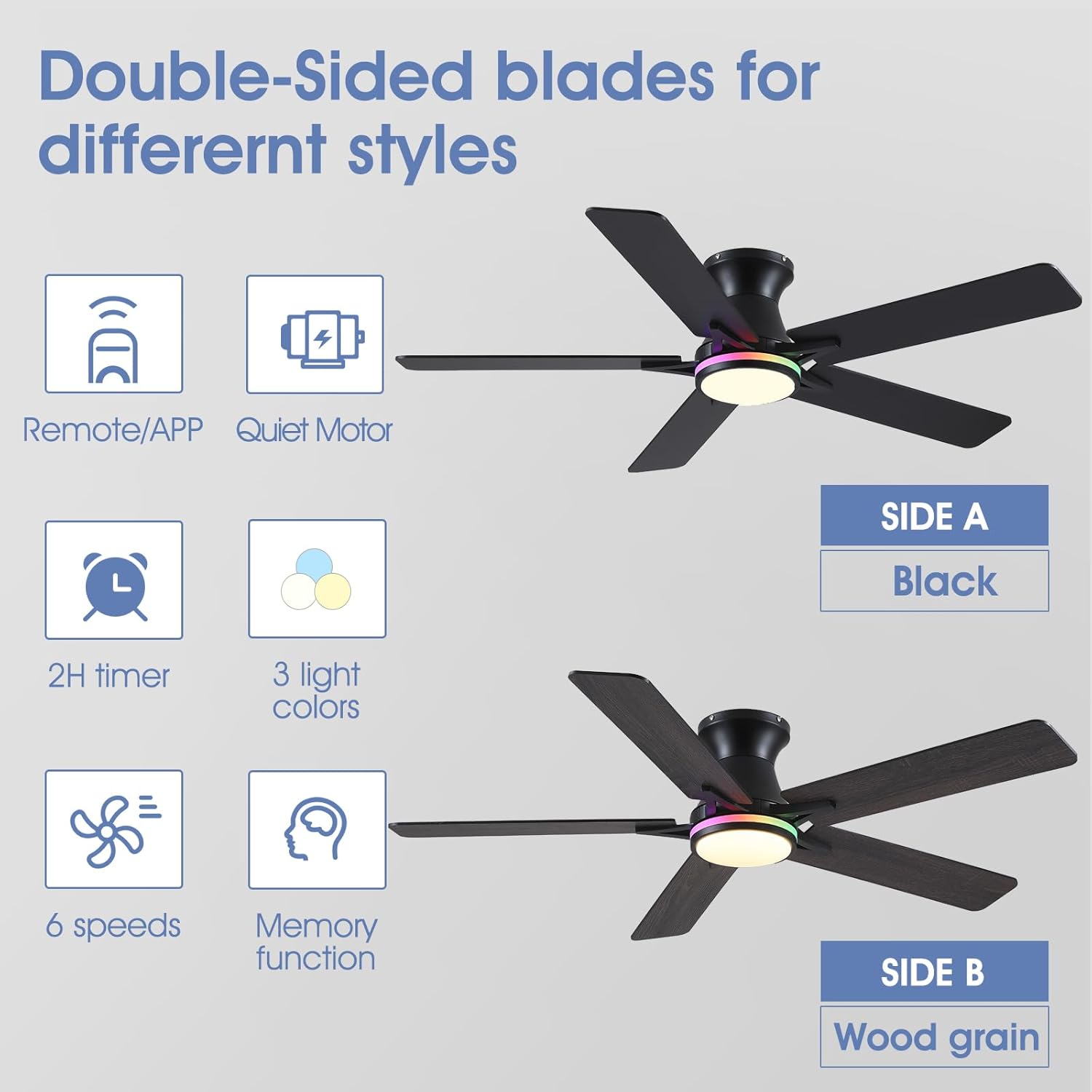 52 inch black wood smart LED ceiling fan with DC motor and tri colour lighting.