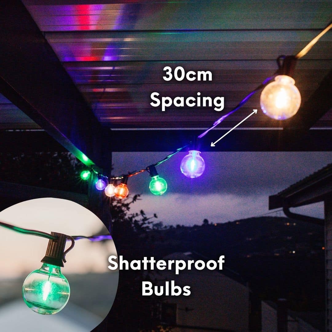 G40 multicolour Christmas bulb close-up on black classic cable