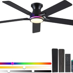 52 inch black wood smart LED ceiling fan with DC motor and tri colour lighting.