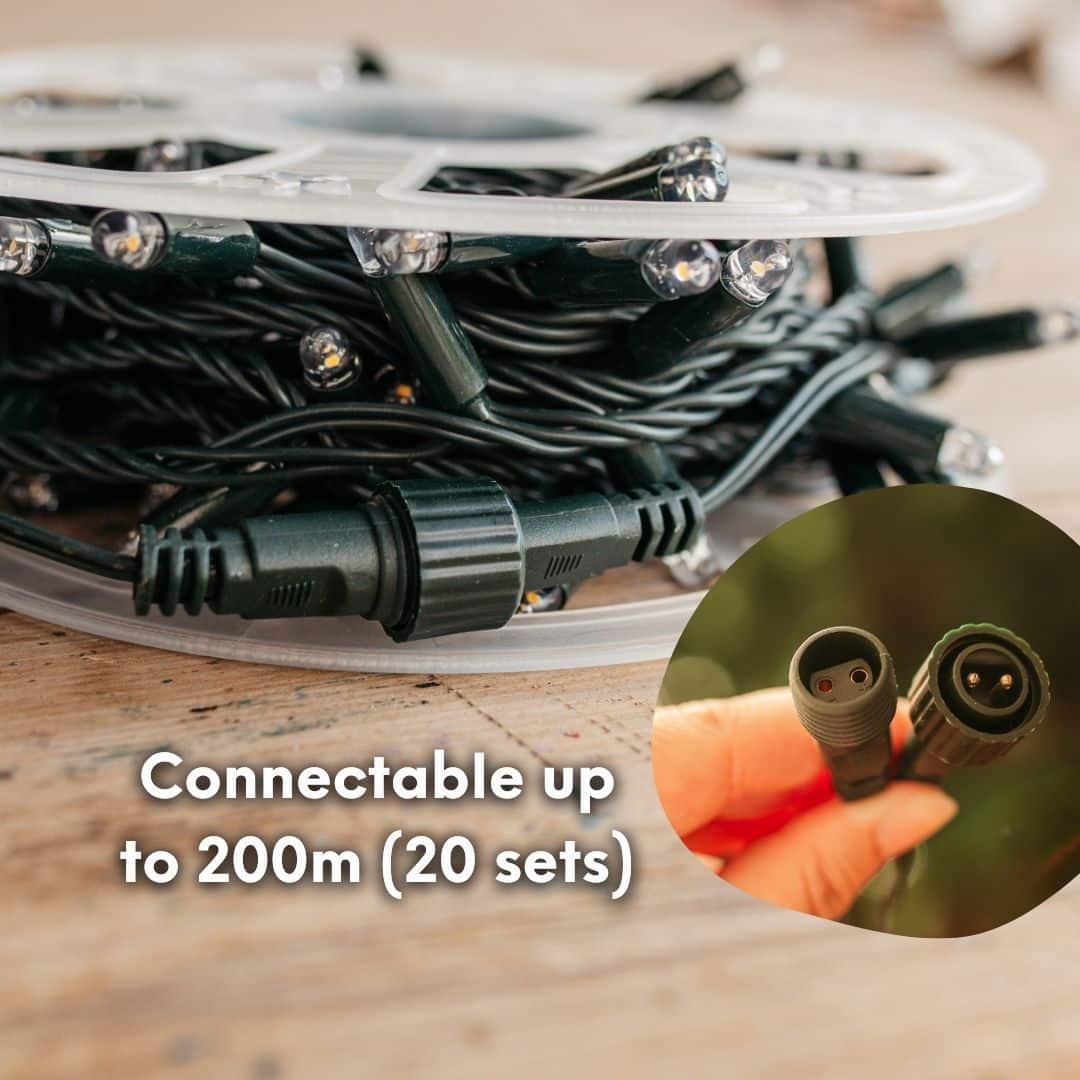 10 m heavy-duty fairy light string with 100 warm white LEDs and 3 m extension lead.