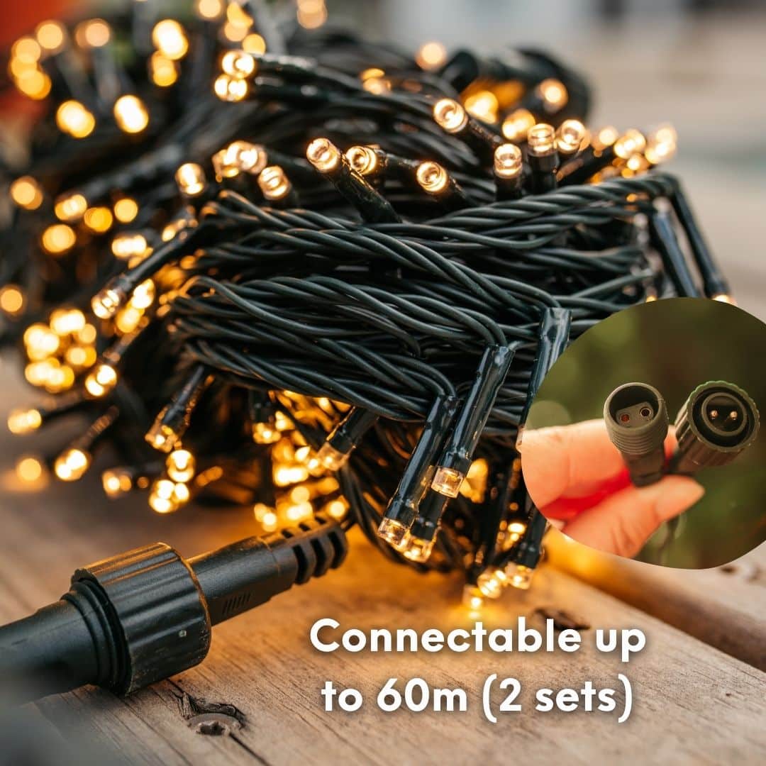 Waterproof connector detail on the 30m heavy duty warm white fairy string lights.