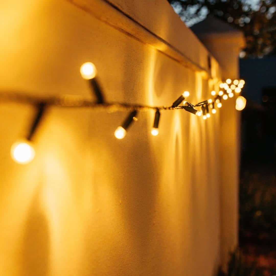 Close-up of a warm white LED on a heavy-duty fairy light string.