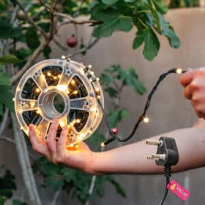 Close-up of a warm white LED on a heavy-duty fairy light string.