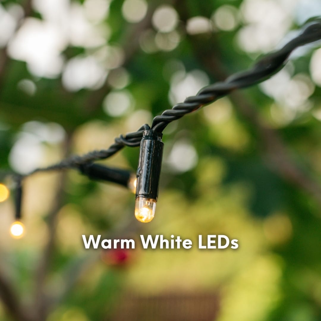 Close-up of a warm white LED on a heavy-duty fairy light string.