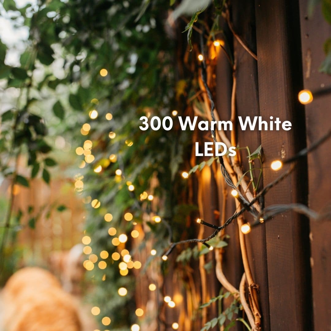 Close up of the 30m heavy duty warm white fairy lights showing the thick dark green cable and dense LED spacing.