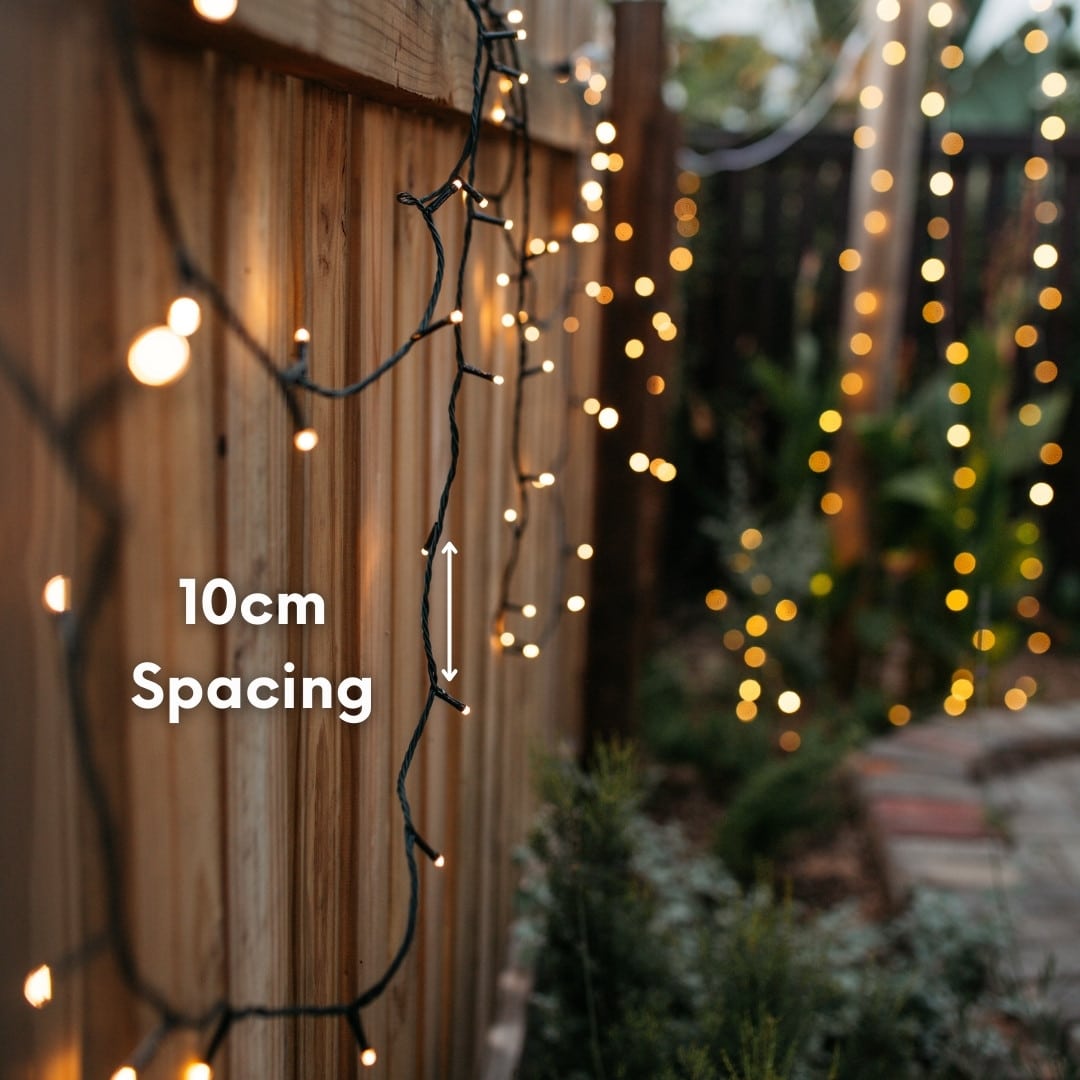 Close up of the 30m heavy duty warm white fairy lights showing the thick dark green cable and dense LED spacing.