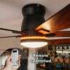 52 inch black wood smart LED ceiling fan with DC motor and RGB tri colour lighting.