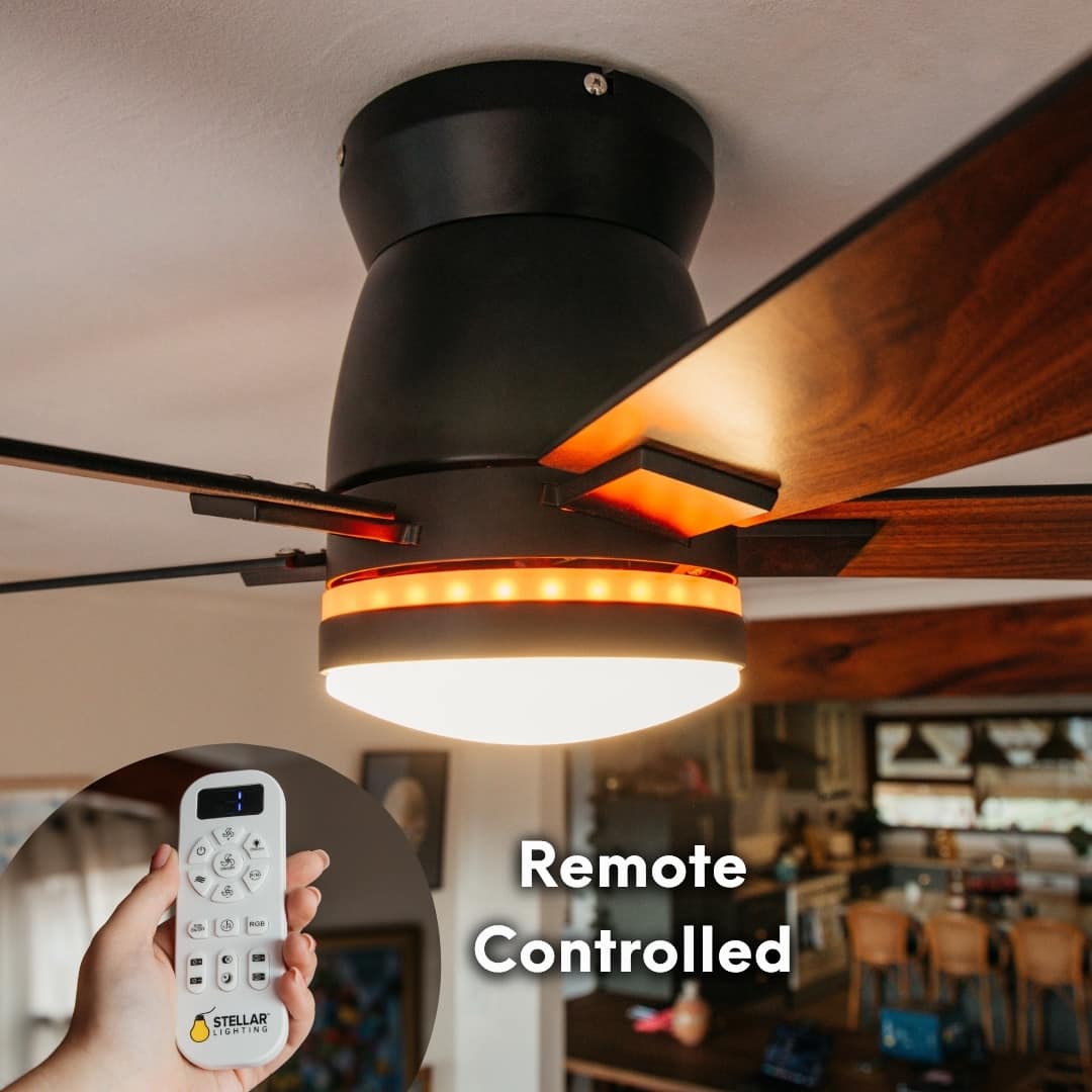 52 inch black wood smart LED ceiling fan with DC motor and RGB tri colour lighting.