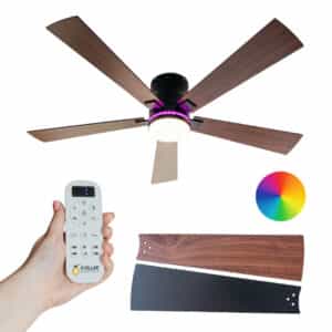 52 inch black wood smart LED ceiling fan with DC motor and RGB tri colour lighting.