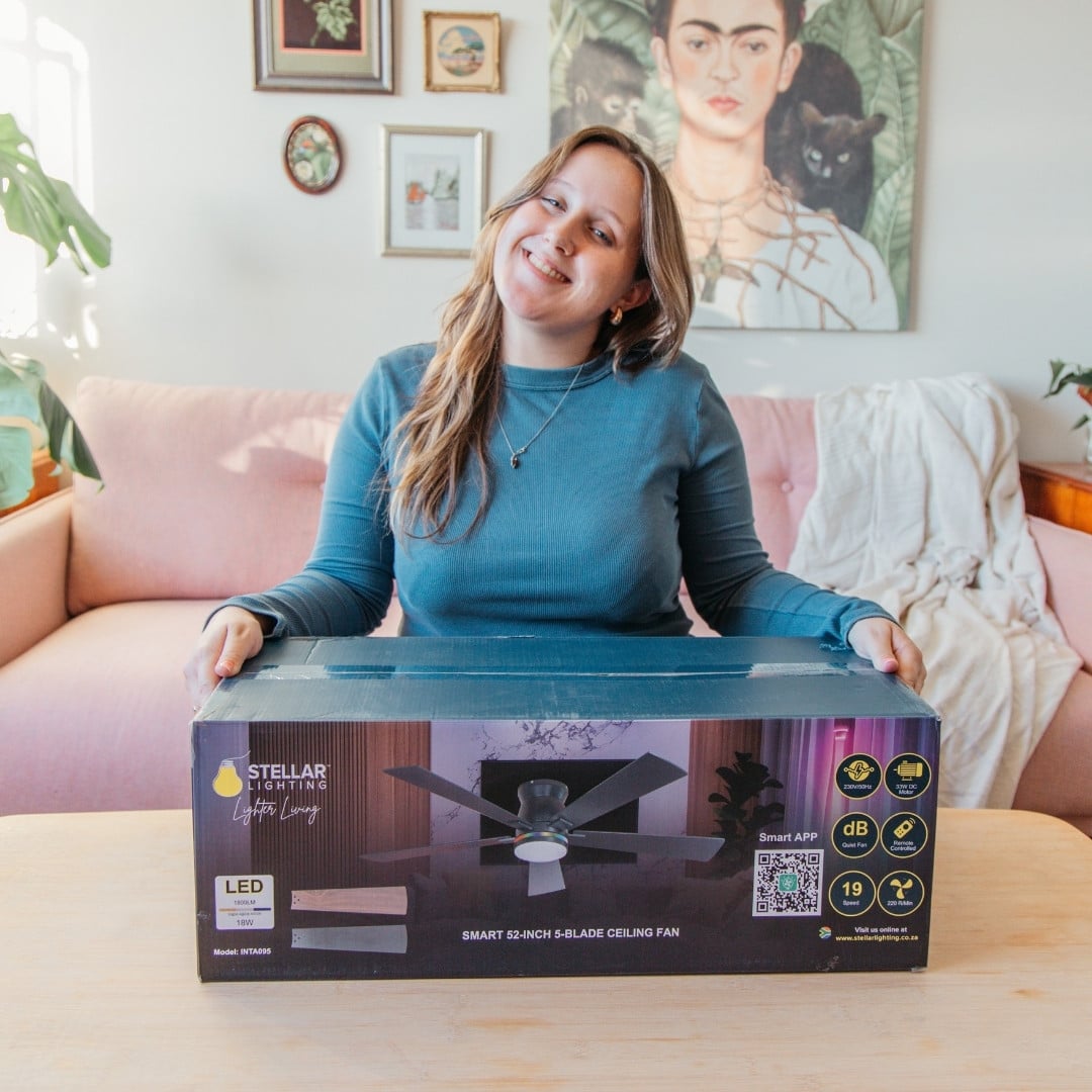 52 inch black wood smart LED ceiling fan with DC motor and RGB tri colour lighting.