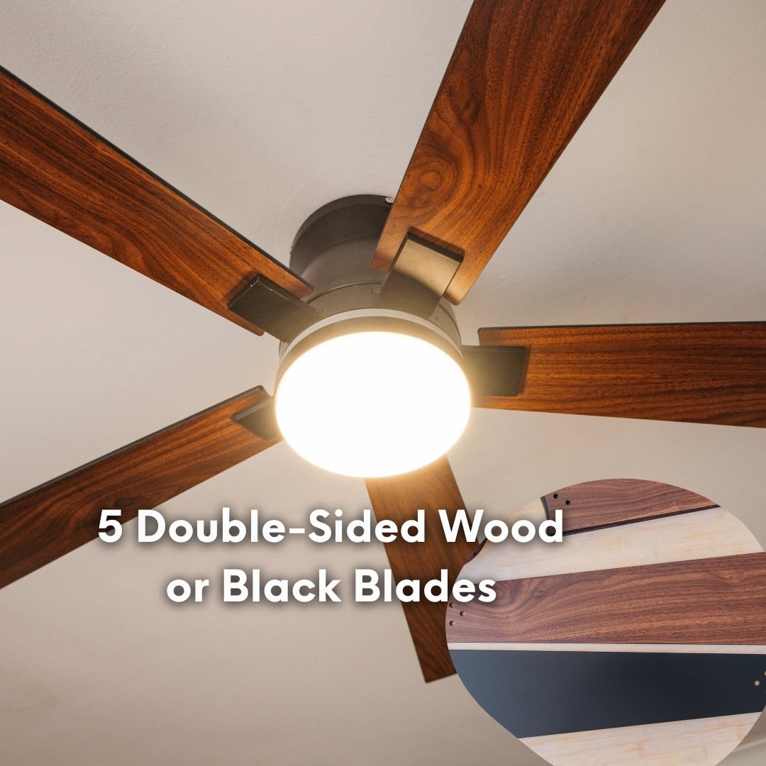 52 inch black wood smart LED ceiling fan with DC motor and RGB tri colour lighting.