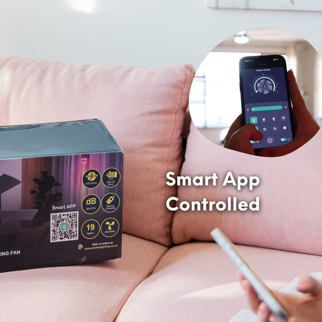 52 inch black wood smart LED ceiling fan with DC motor and RGB tri colour lighting.