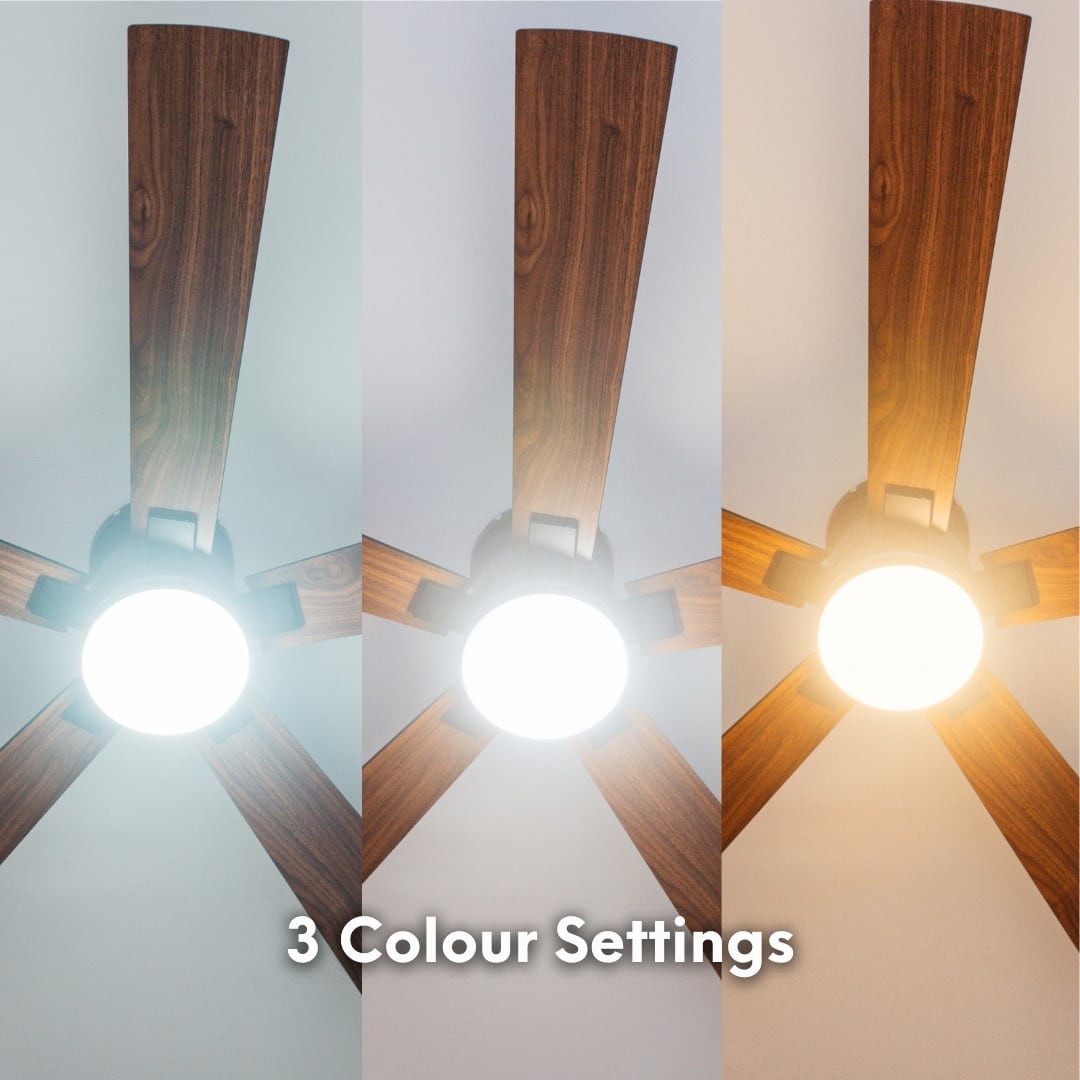 52 inch black wood smart LED ceiling fan with DC motor and RGB tri colour lighting.