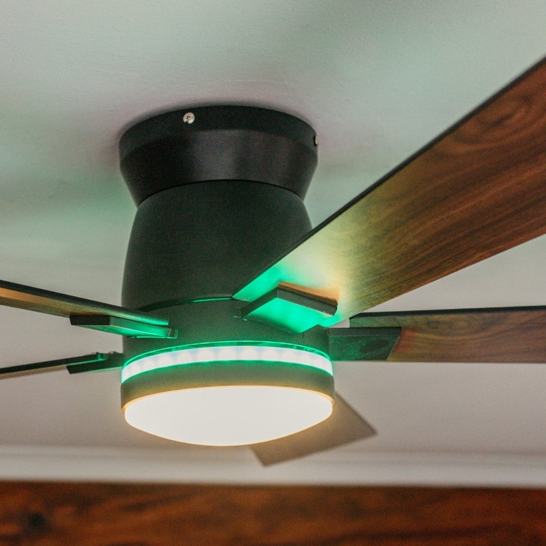 52 inch black wood smart LED ceiling fan with DC motor and RGB tri colour lighting.