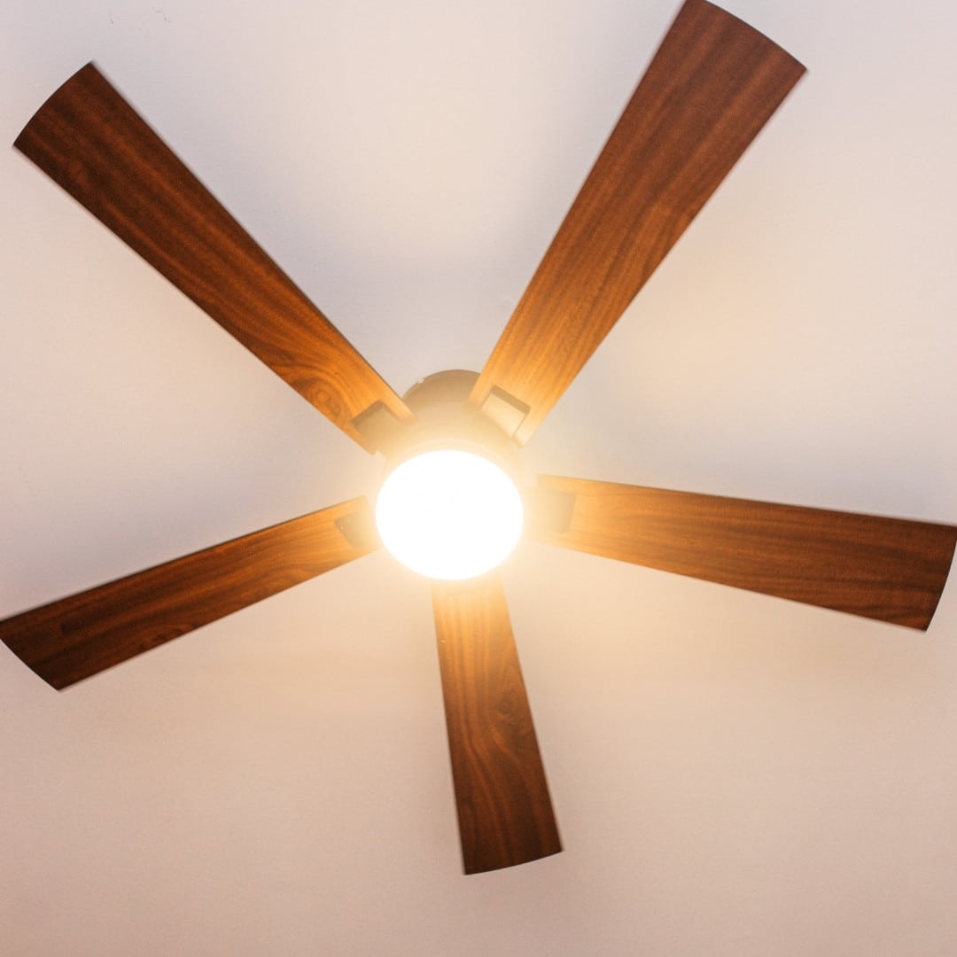 52 inch black wood smart LED ceiling fan with DC motor and RGB tri colour lighting.