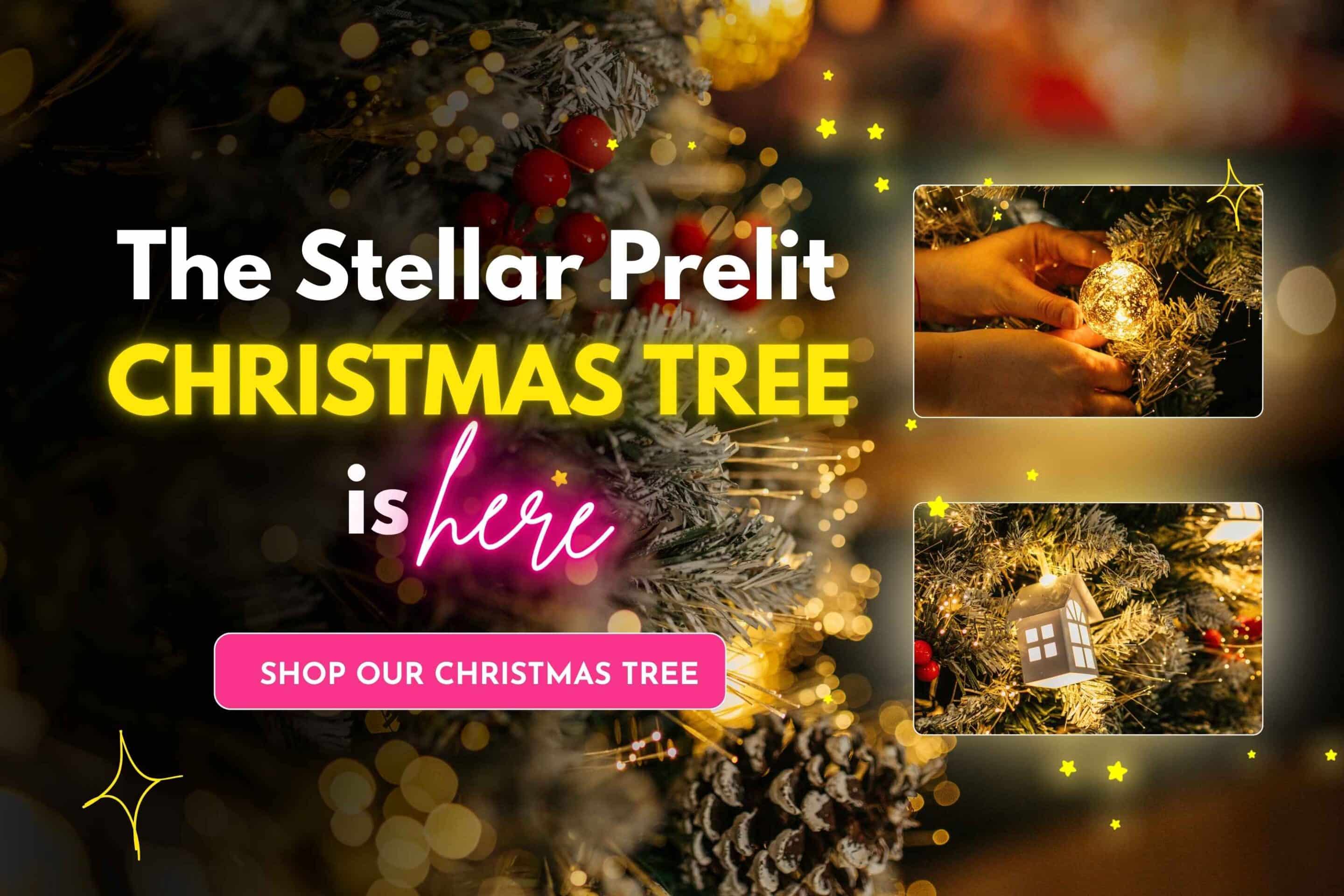 Prelit 1.8m Christmas Tree with warm LEDs, fibre optics, mini houses and gold baubles