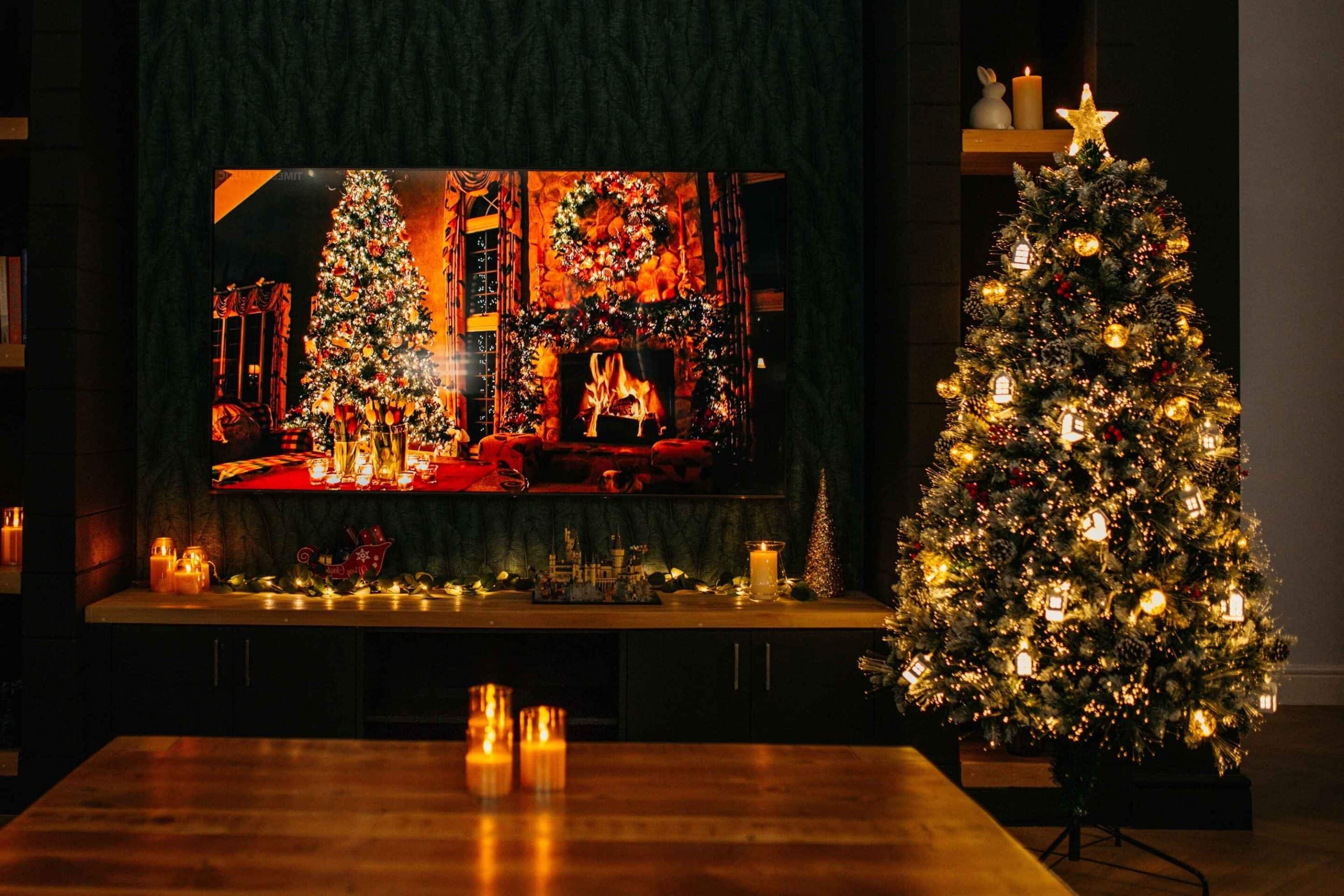 Prelit 1.8m Christmas Tree with warm LEDs, fibre optics, mini houses and gold baubles