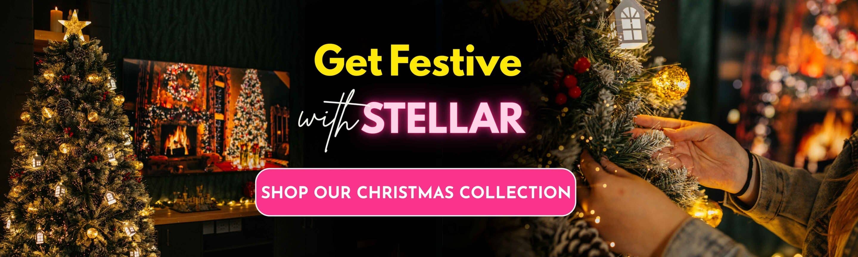 Stellar Lighting showing text Stellar is about to get very Merry over a blurred festive background