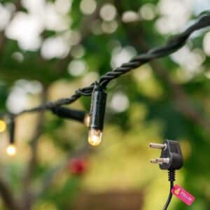 Close-up of a warm white LED on a heavy-duty fairy light string.