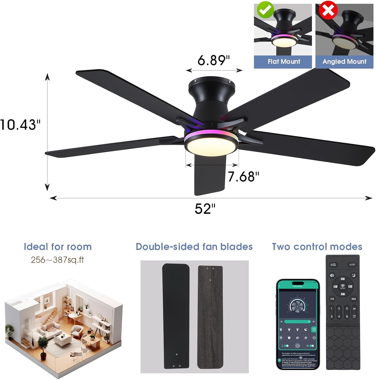 52 inch black wood smart LED ceiling fan with DC motor and tri colour lighting.
