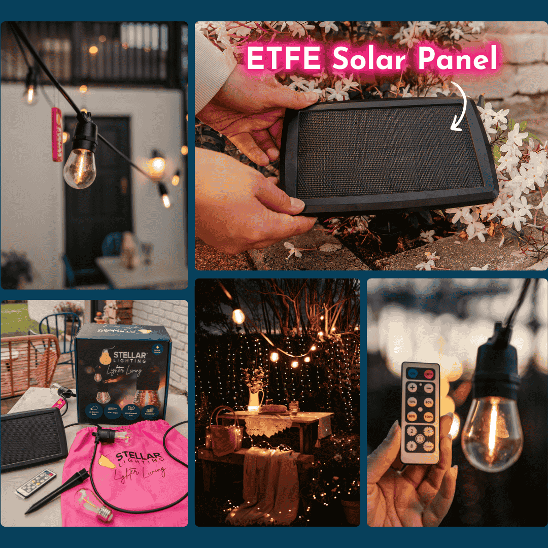 Solar festoon string lights lighting up an outdoor space, featuring the largest solar panel on the market.