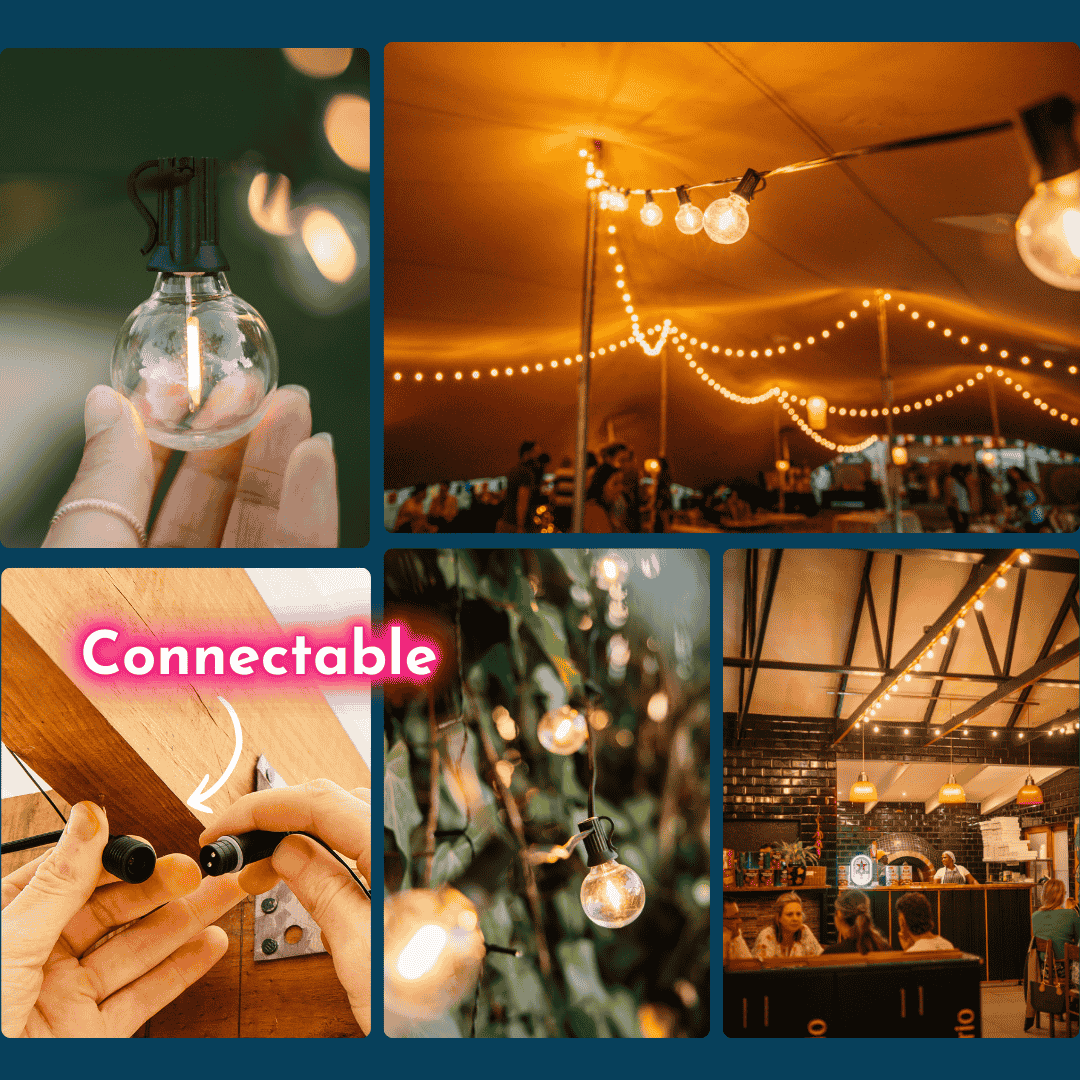 Warm white festoon string lights glowing over a garden patio, connectable design shown.