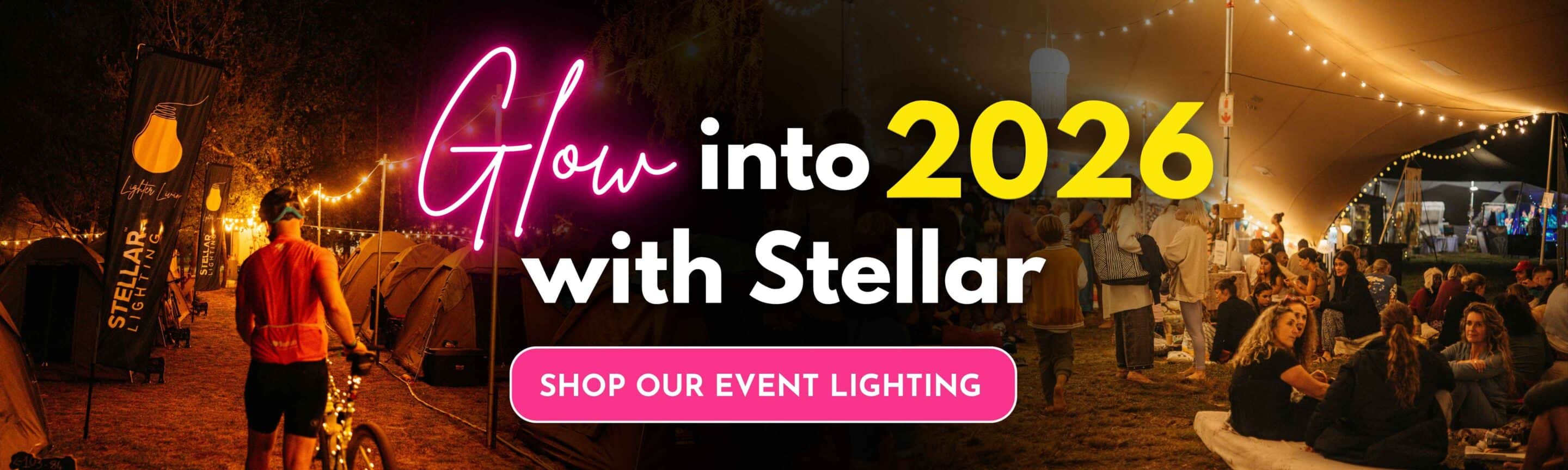 Glow into 2026 with Stellar outdoor and event lighting creating a warm festive atmosphere
