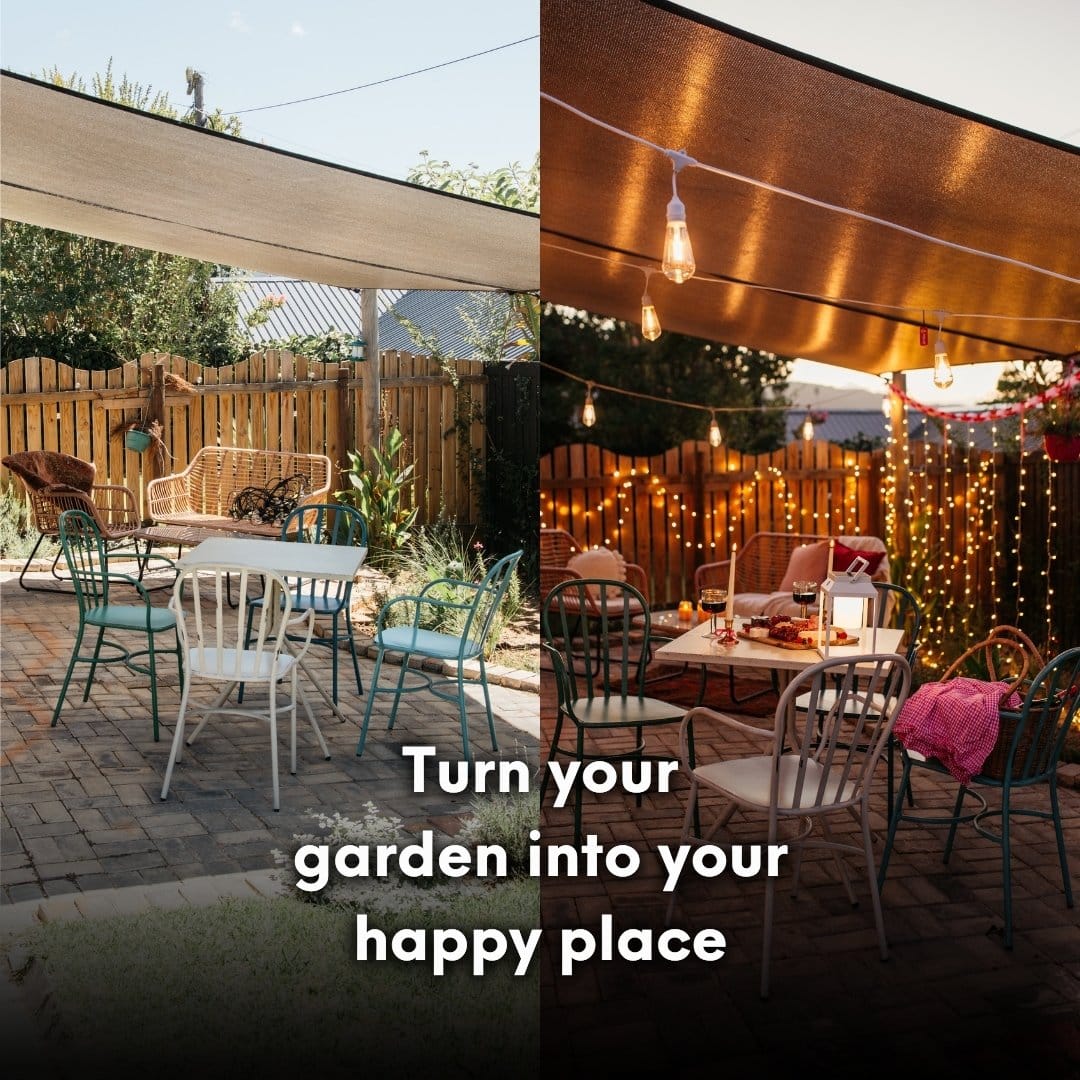 10m white festoon string lights with warm ST64 LED bulbs glowing outdoors