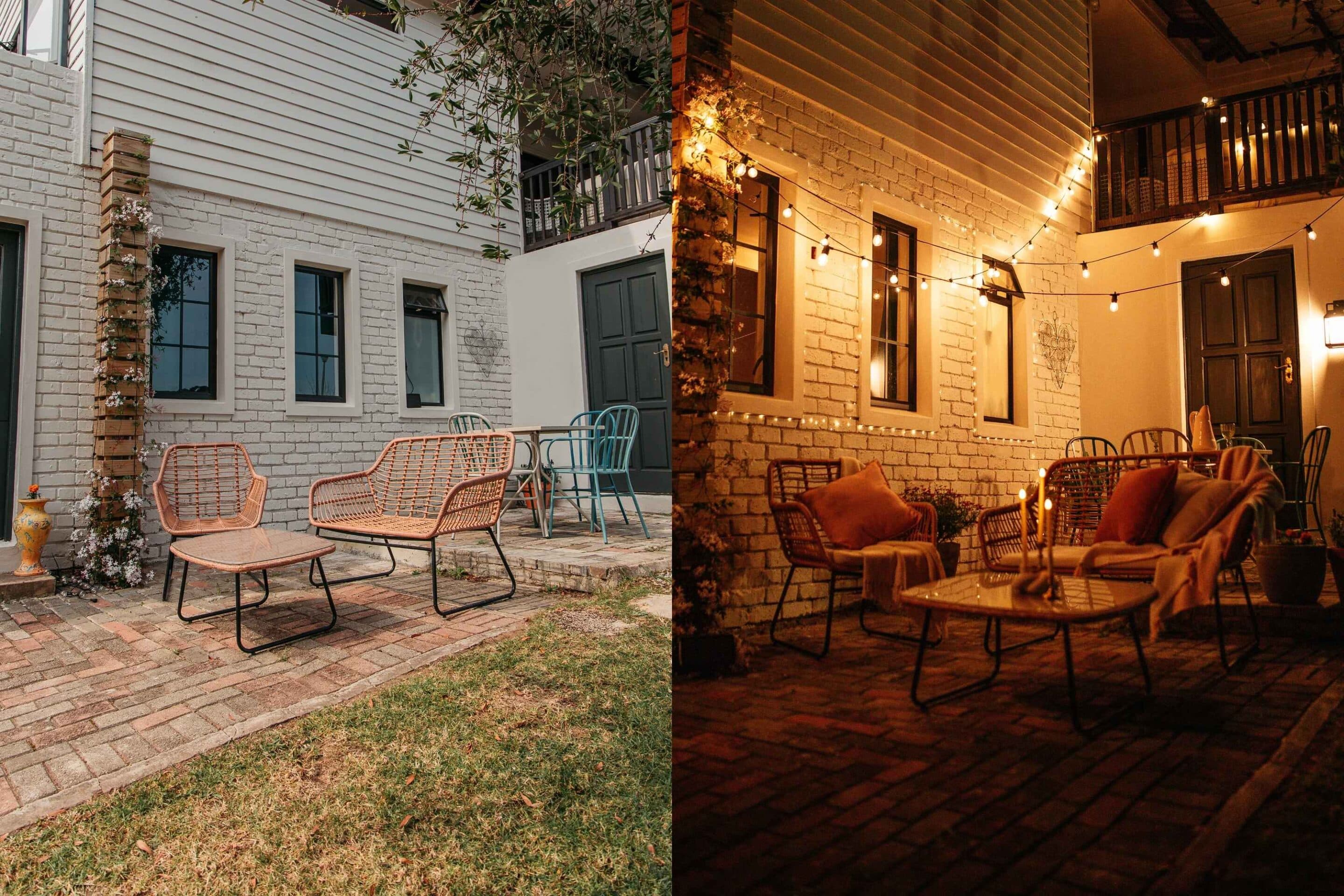 Before and after patio transformation with solar festoon string lights