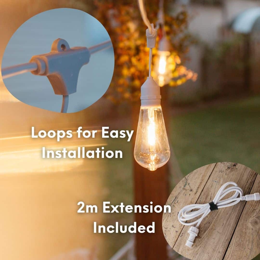 10m white festoon string lights with warm ST64 LED bulbs glowing outdoors