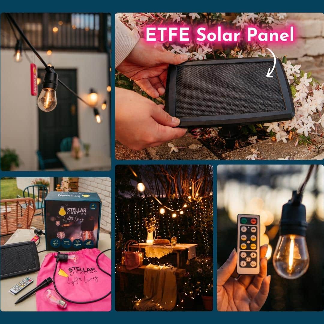 Solar festoon string lights lighting up an outdoor space, featuring the largest solar panel on the market.