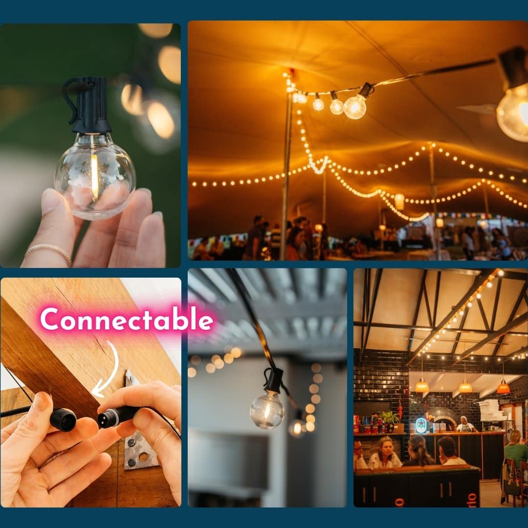 Warm white festoon string lights glowing over a garden patio, connectable design shown.