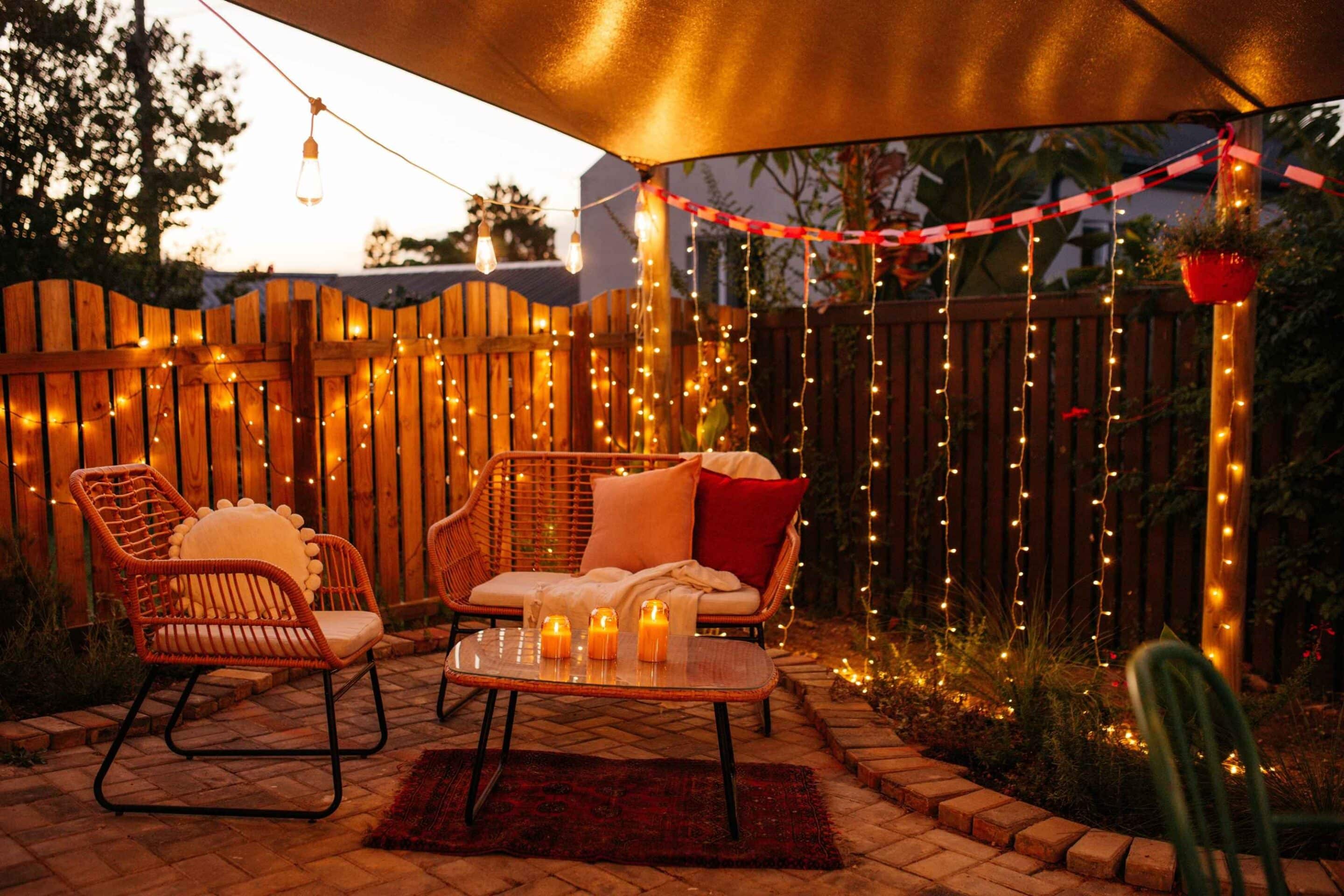Romantic outdoor Valentine’s Day lighting with festoon lights, lanterns, and candles
