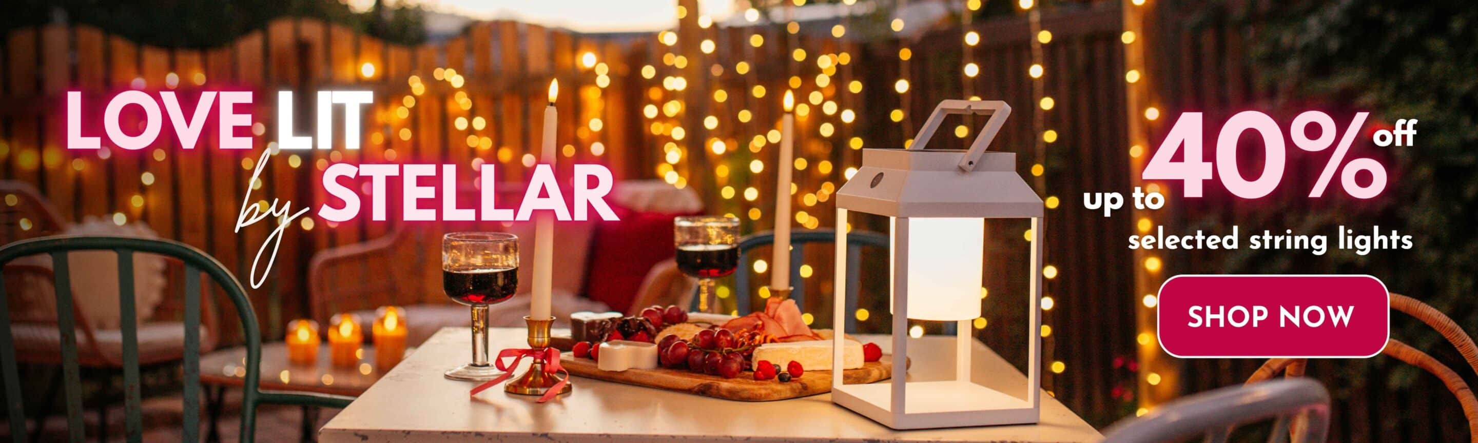 Romantic Valentine’s Day garden lighting with warm string lights and lanterns, sale up to 40 percent off