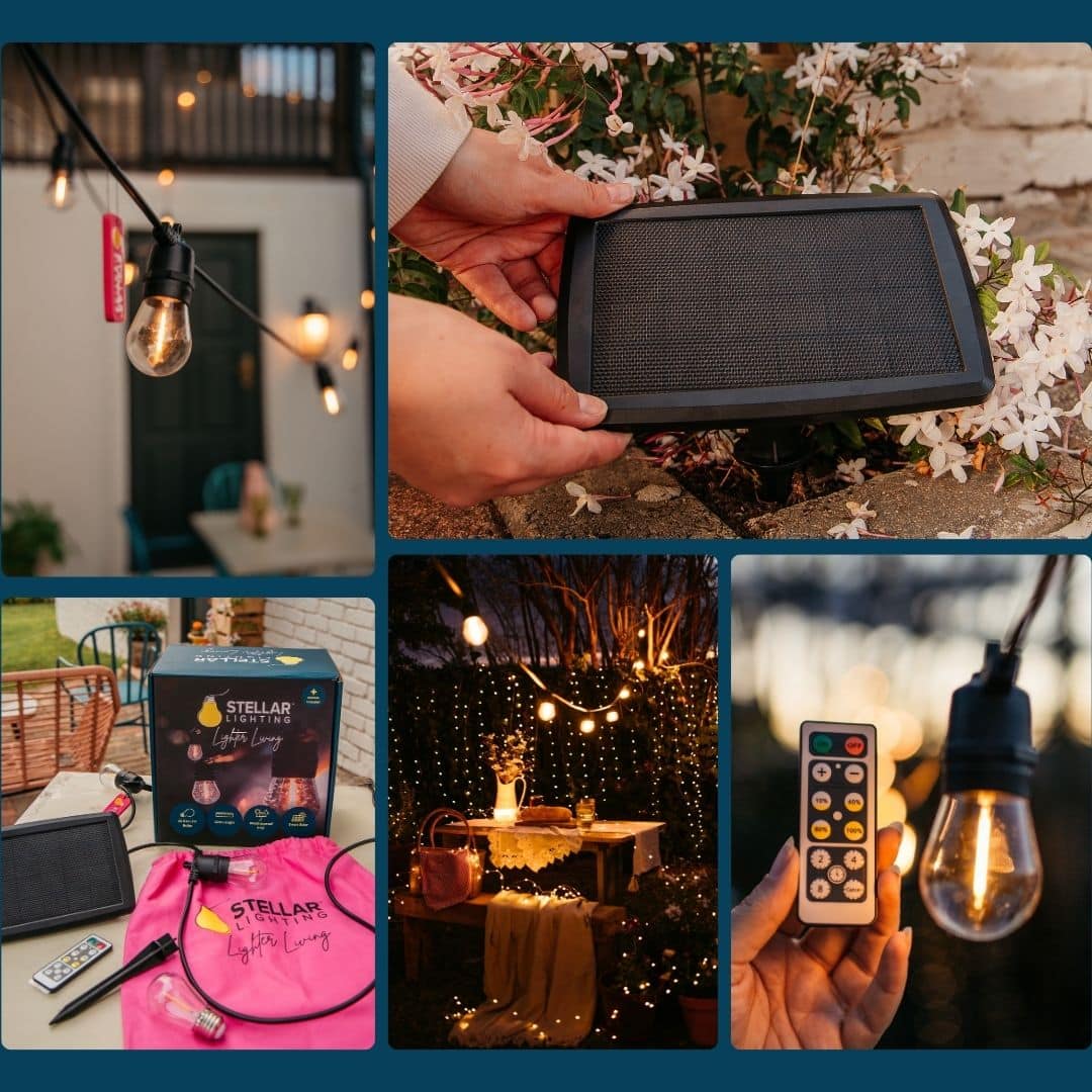 Solar festoon string lights lighting up an outdoor space, featuring the largest solar panel on the market.