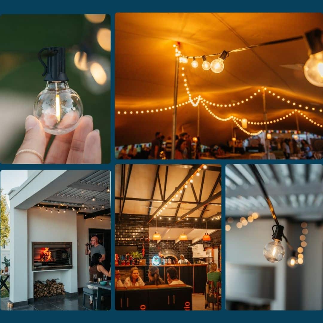 Warm white festoon string lights glowing over a garden patio, connectable design shown.