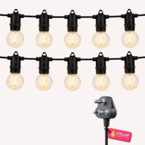 Classic String Lights Pro flat lay showing two rows of warm white G40 globe bulbs on black cable with South African plug on a light background