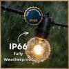 Classic String Lights Pro G40 bulb glowing in heavy rain with IP66 fully weatherproof badge overlay