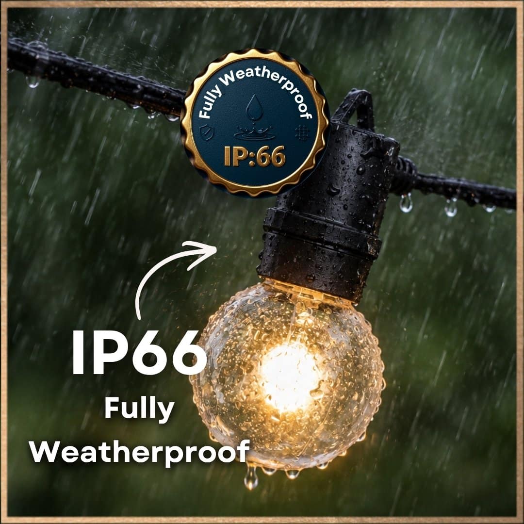 Classic String Lights Pro G40 bulb glowing in heavy rain with IP66 fully weatherproof badge overlay