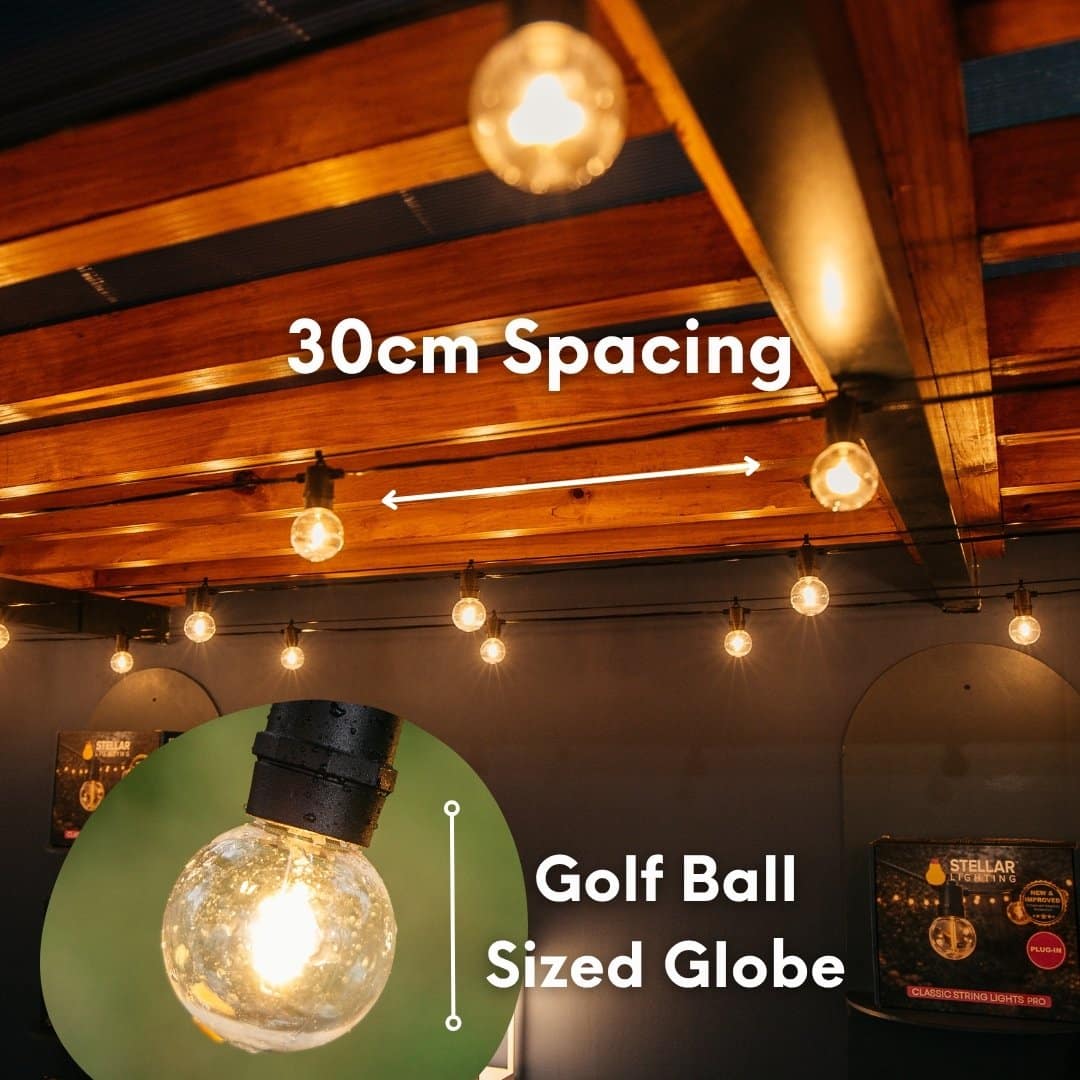 Classic String Lights Pro strung across a wooden ceiling with 30cm spacing callout and inset showing golf ball sized G40 globe bulb detail