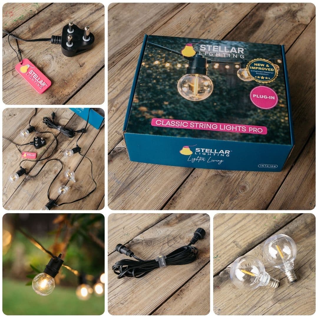 Collage showing Classic String Lights Pro packaging, South African plug, extension cable, spare G40 bulbs, and string lights laid out on a wooden surface