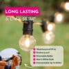 Feature graphic for Classic String Lights Pro showing long lasting and easy setup headline with checklist including IP66 weatherproof, shatterproof, dimmable bulbs, warm white, and connectable up to 500m